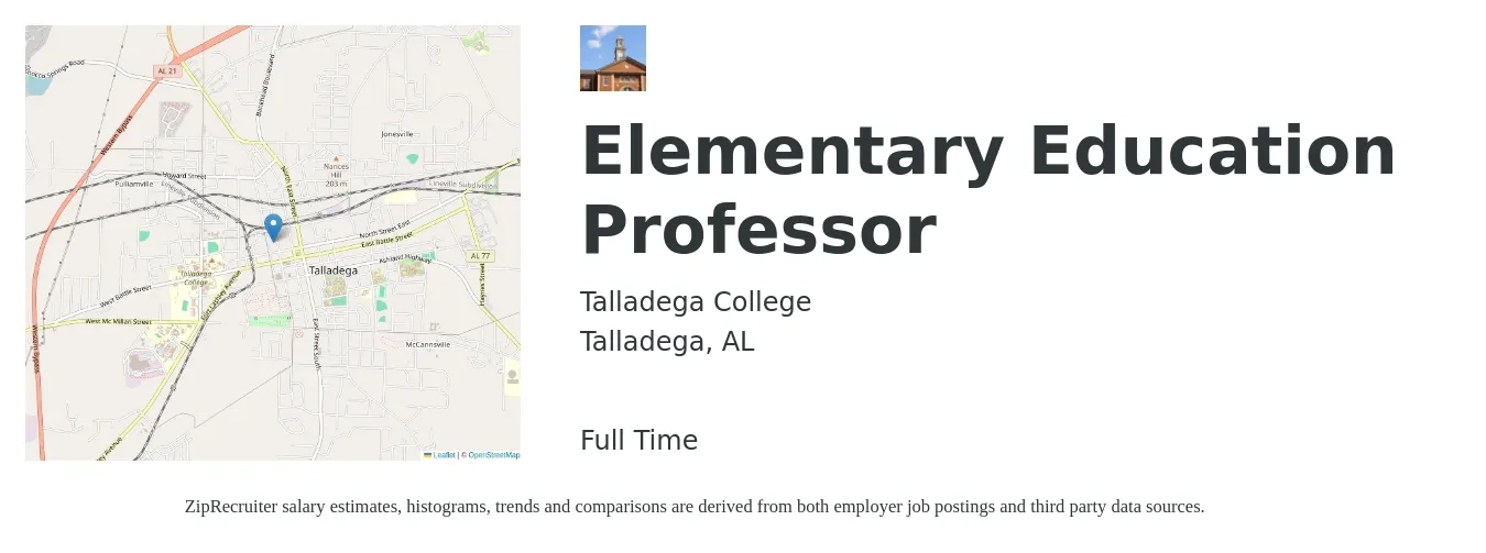 Talladega College job posting for a Elementary Education Professor in Talladega, AL with a salary of $87,300 to $112,300 Yearly with a map of Talladega location.
