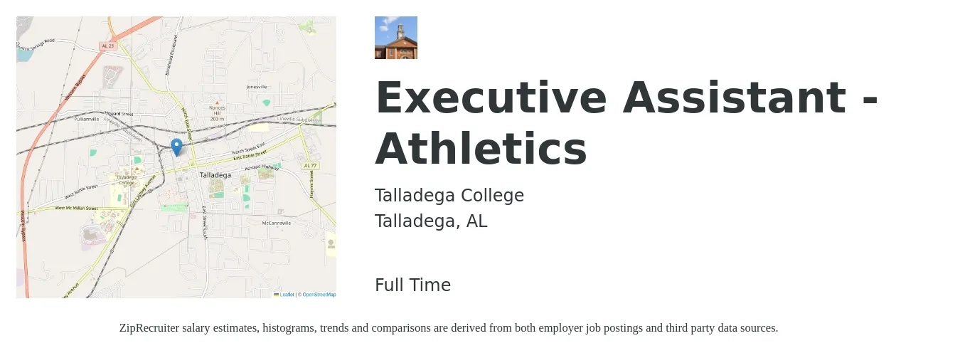 Talladega College job posting for a Executive Assistant - Athletics in Talladega, AL with a salary of $46,200 to $69,300 Yearly with a map of Talladega location.