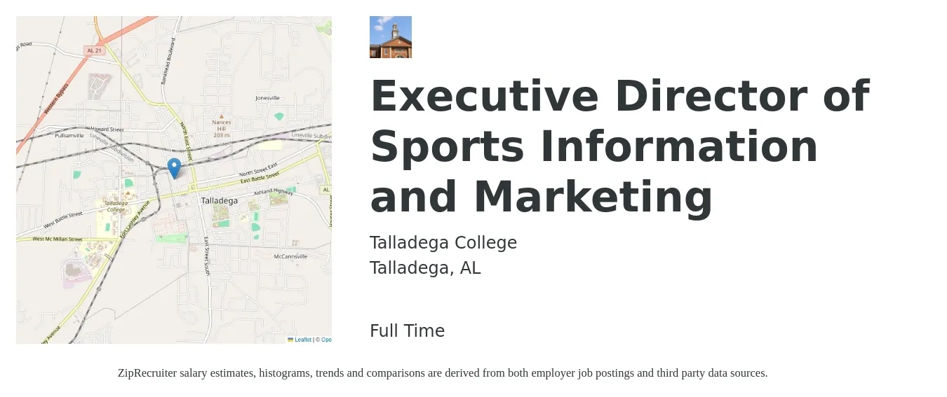 Talladega College job posting for a Executive Director of Sports Information and Marketing in Talladega, AL with a salary of $68,400 to $111,800 Yearly with a map of Talladega location.