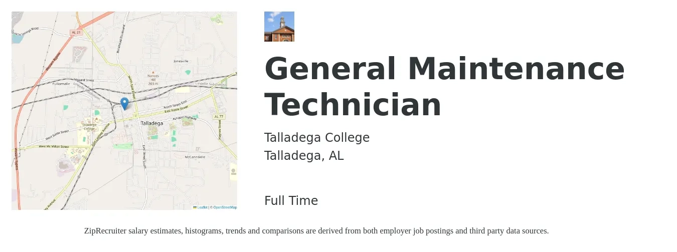 Talladega College job posting for a General Maintenance Technician in Talladega, AL with a salary of $16 to $22 Hourly with a map of Talladega location.