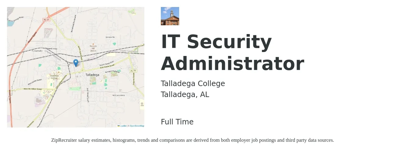 Talladega College job posting for a IT Security Administrator in Talladega, AL with a salary of $71,600 to $101,200 Yearly with a map of Talladega location.