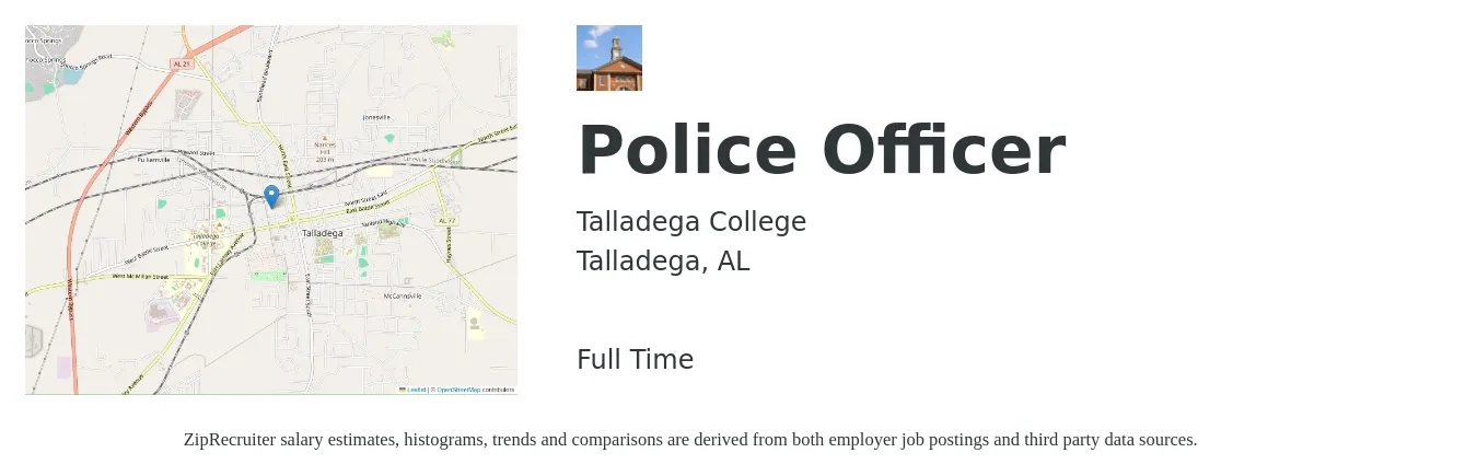 Talladega College job posting for a Police Officer in Talladega, AL with a salary of $44,800 to $68,900 Yearly with a map of Talladega location.