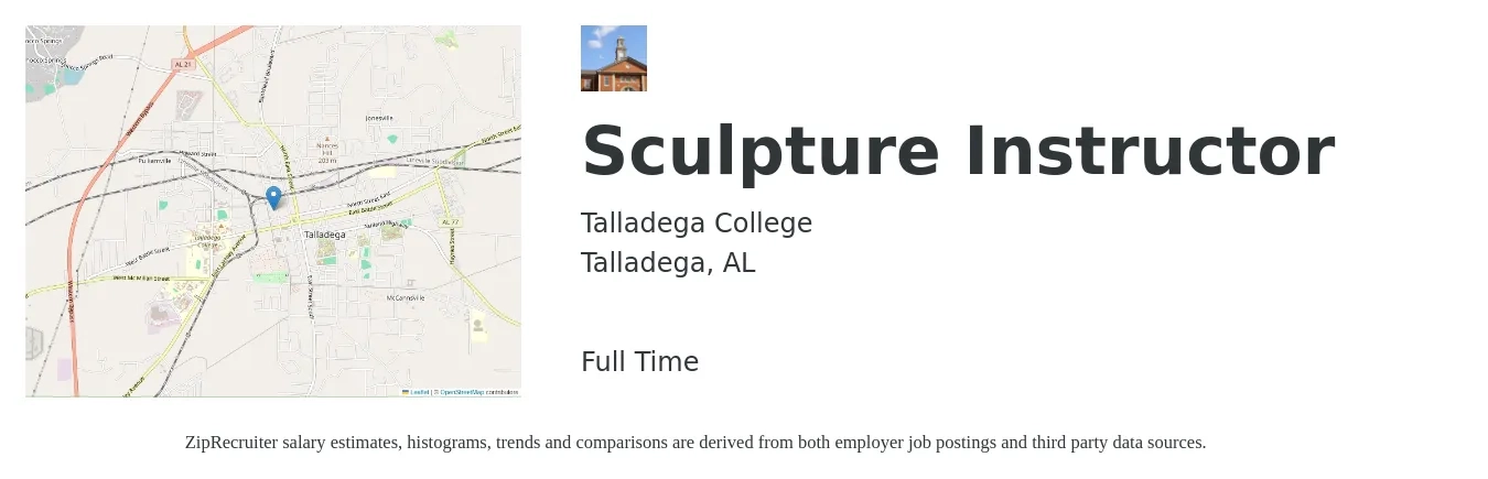 Talladega College job posting for a Sculpture Instructor in Talladega, AL with a salary of $17 to $42 Hourly with a map of Talladega location.