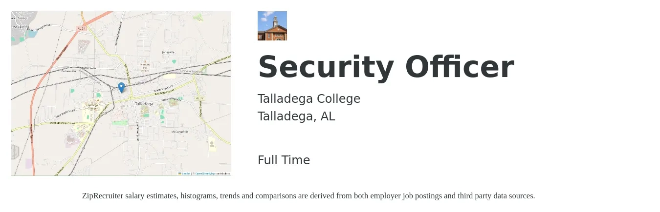 Talladega College job posting for a Security Officer in Talladega, AL with a salary of $15 to $18 Hourly with a map of Talladega location.