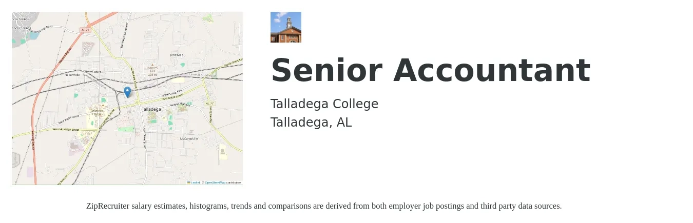 Talladega College job posting for a Senior Accountant in Talladega, AL with a salary of $68,400 to $86,000 Yearly with a map of Talladega location.