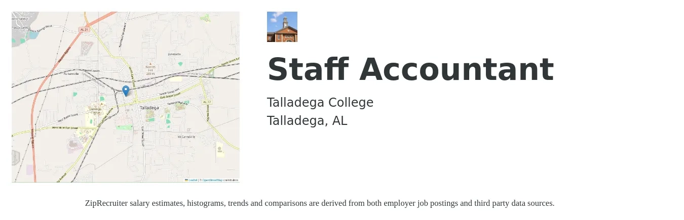 Talladega College job posting for a Staff Accountant in Talladega, AL with a salary of $50,800 to $67,000 Yearly with a map of Talladega location.