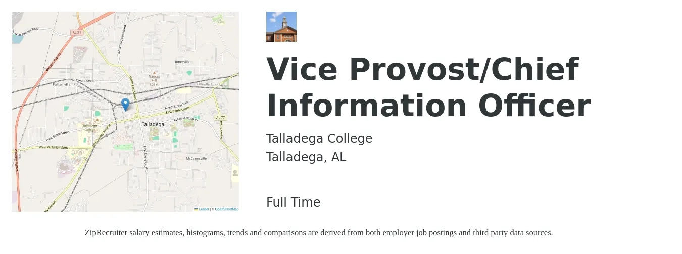 Talladega College job posting for a Vice Provost/Chief Information Officer in Talladega, AL with a salary of $145,100 to $181,600 Yearly with a map of Talladega location.