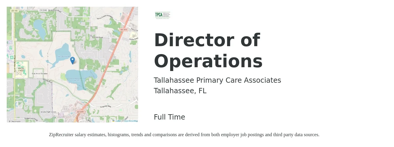 Tallahassee Primary Care Associates job posting for a Director of Operations in Tallahassee, FL with a salary of $63,800 to $114,500 Yearly with a map of Tallahassee location.