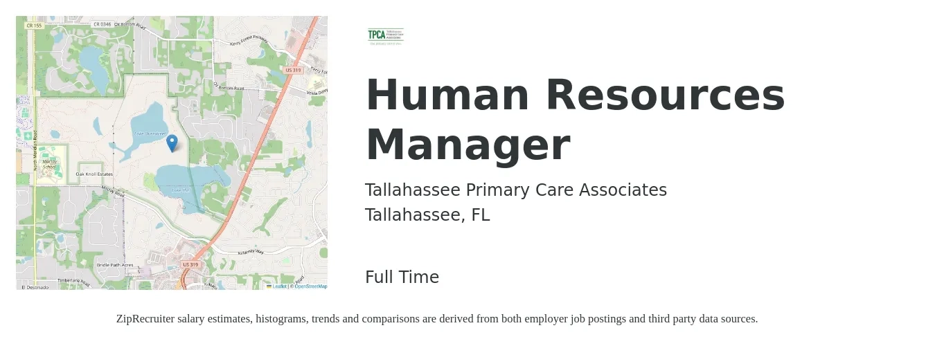 Tallahassee Primary Care Associates job posting for a Human Resources Manager in Tallahassee, FL with a salary of $58,300 to $84,500 Yearly with a map of Tallahassee location.