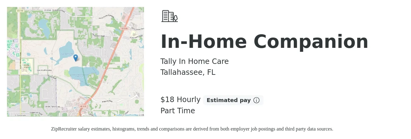 Tally In Home Care job posting for a In-Home Companion in Tallahassee, FL with a salary of $19 Hourly with a map of Tallahassee location.