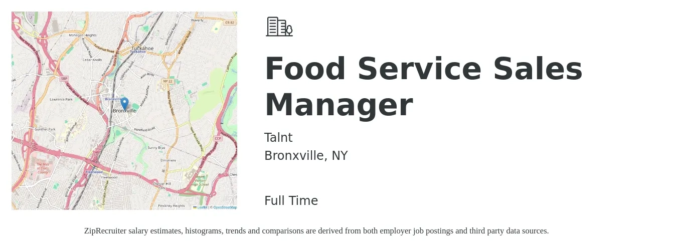 Talnt job posting for a Food Service Sales Manager in Bronxville, NY with a salary of $46,000 to $81,700 Yearly with a map of Bronxville location.