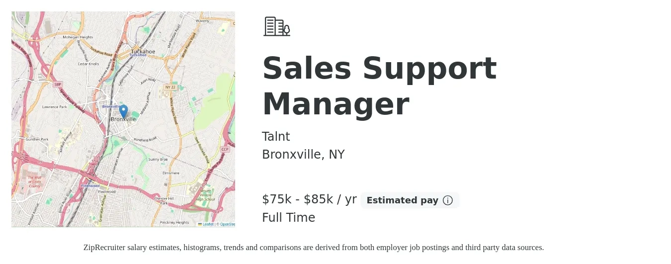 Talnt job posting for a Sales Support Manager in Bronxville, NY with a salary of $45,500 to $90,400 Yearly with a map of Bronxville location.