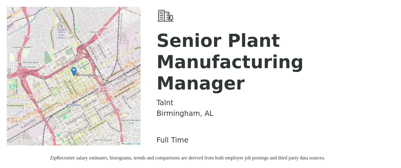 Talnt job posting for a Senior Plant Manufacturing Manager in Birmingham, AL with a salary of $91,800 to $116,200 Yearly with a map of Birmingham location.