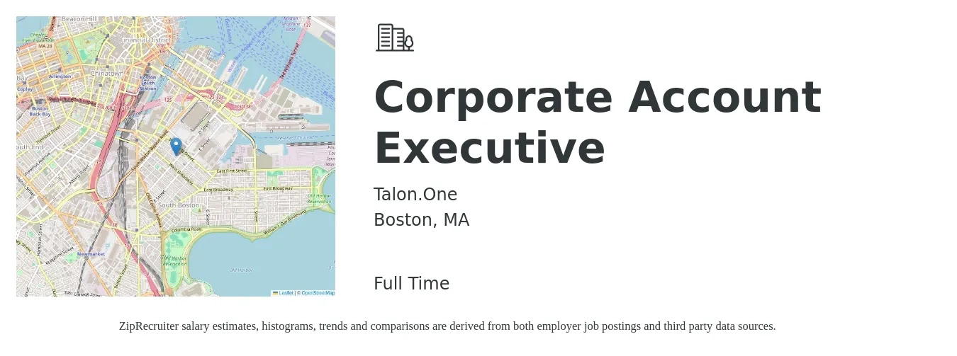 Talon.One job posting for a Corporate Account Executive in Boston, MA with a salary of $97,800 Yearly with a map of Boston location.