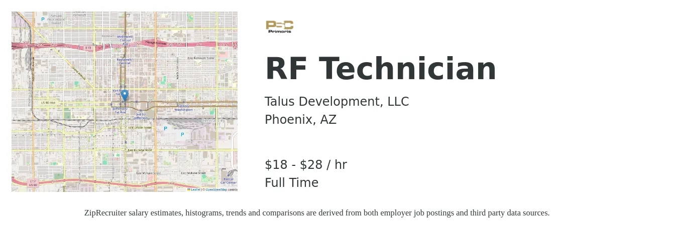 Talus Development, LLC job posting for a RF Technician in Phoenix, AZ with a salary of $19 to $30 Hourly with a map of Phoenix location.