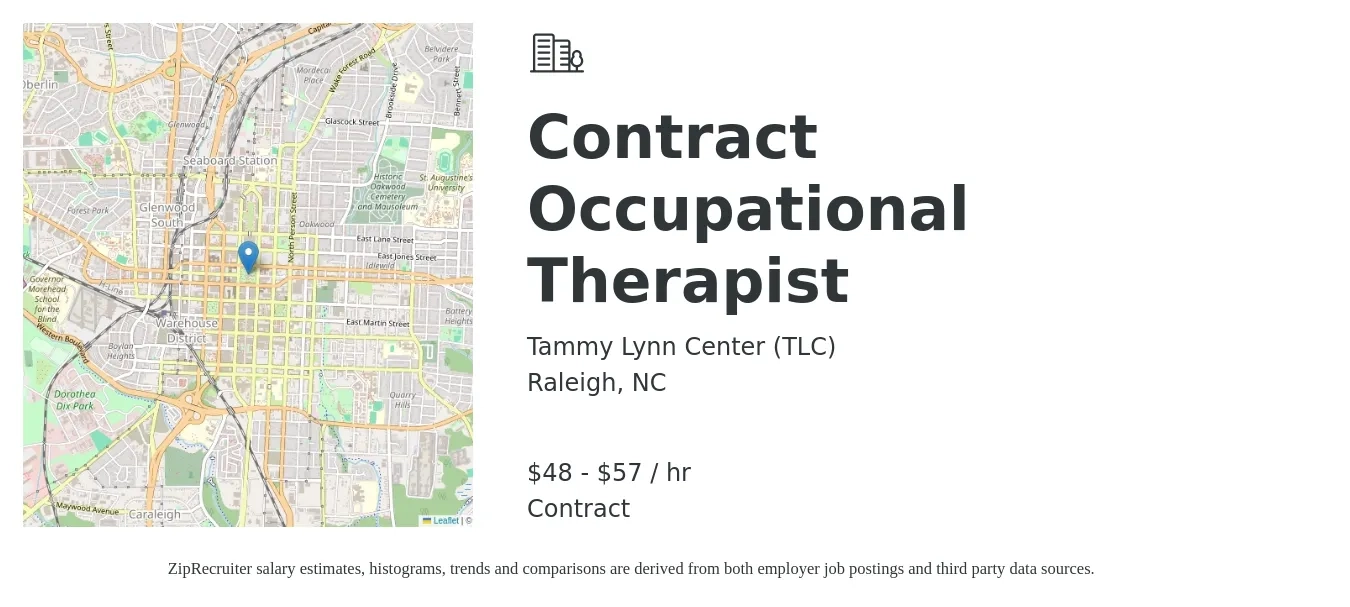 Tammy Lynn Center (TLC) job posting for a Contract Occupational Therapist in Raleigh, NC with a salary of $50 to $60 Hourly with a map of Raleigh location.