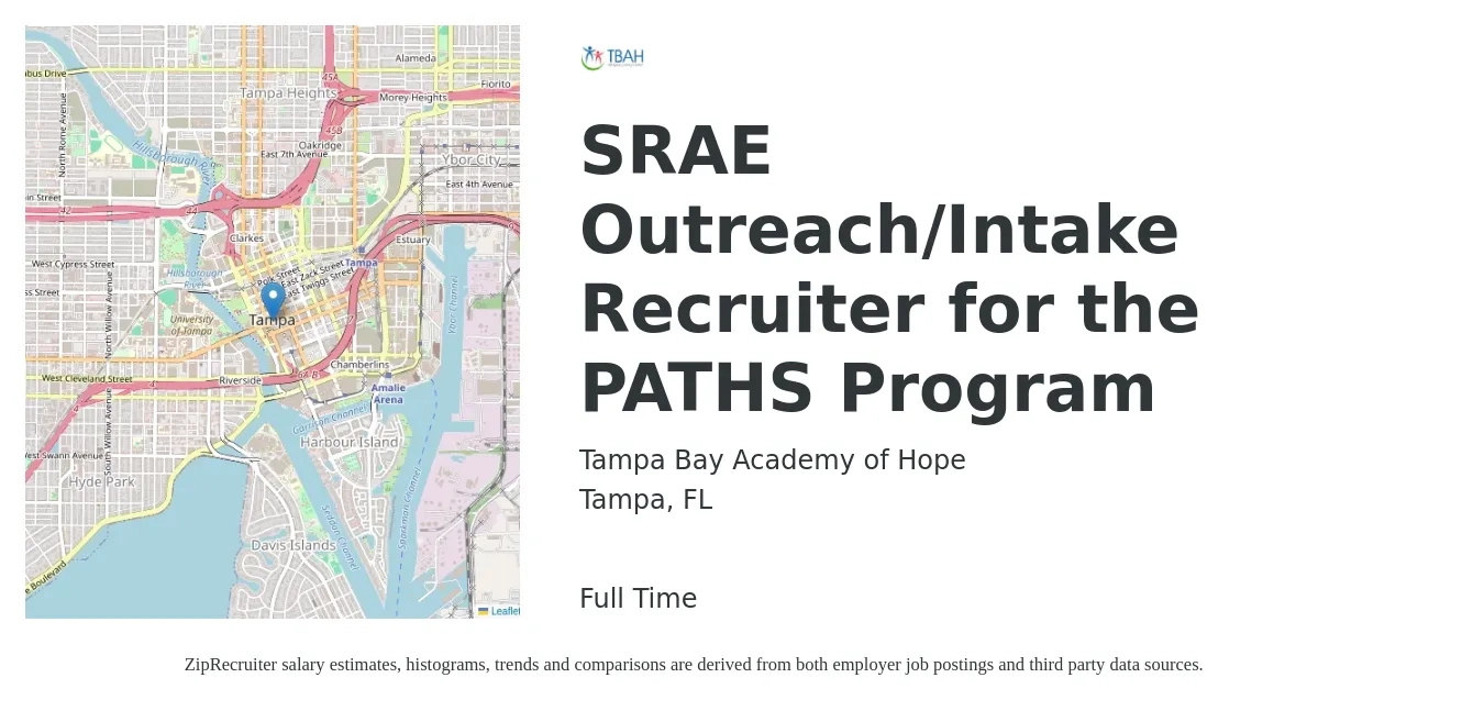Tampa Bay Academy of Hope job posting for a SRAE Outreach/Intake Recruiter for the PATHS Program in Tampa, FL with a salary of $17 to $19 Hourly with a map of Tampa location.