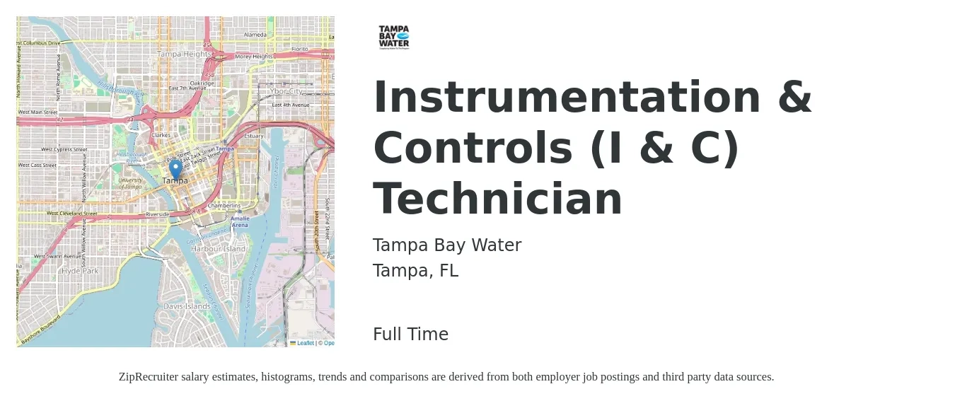 Tampa Bay Water job posting for a Instrumentation & Controls (I & C) Technician in Tampa, FL with a salary of $23 to $35 Hourly with a map of Tampa location.