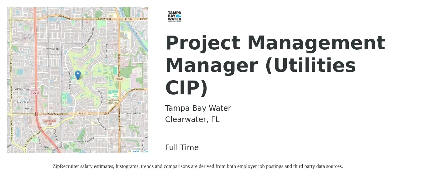 Tampa Bay Water job posting for a Project Management Manager (Utilities CIP) in Clearwater, FL with a salary of $69,800 to $111,900 Yearly with a map of Clearwater location.