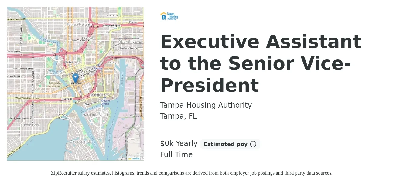 Tampa Housing Authority job posting for a Executive Assistant to the Senior Vice-President in Tampa, FL with a salary of $23 Yearly with a map of Tampa location.