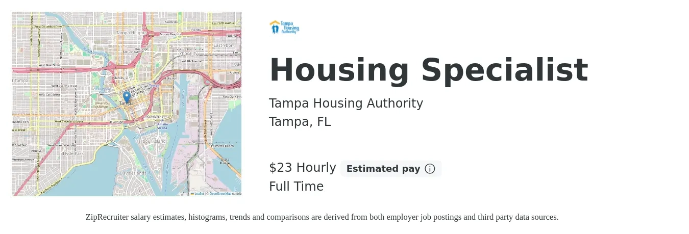 Tampa Housing Authority job posting for a Housing Specialist in Tampa, FL with a salary of $24 Hourly with a map of Tampa location.