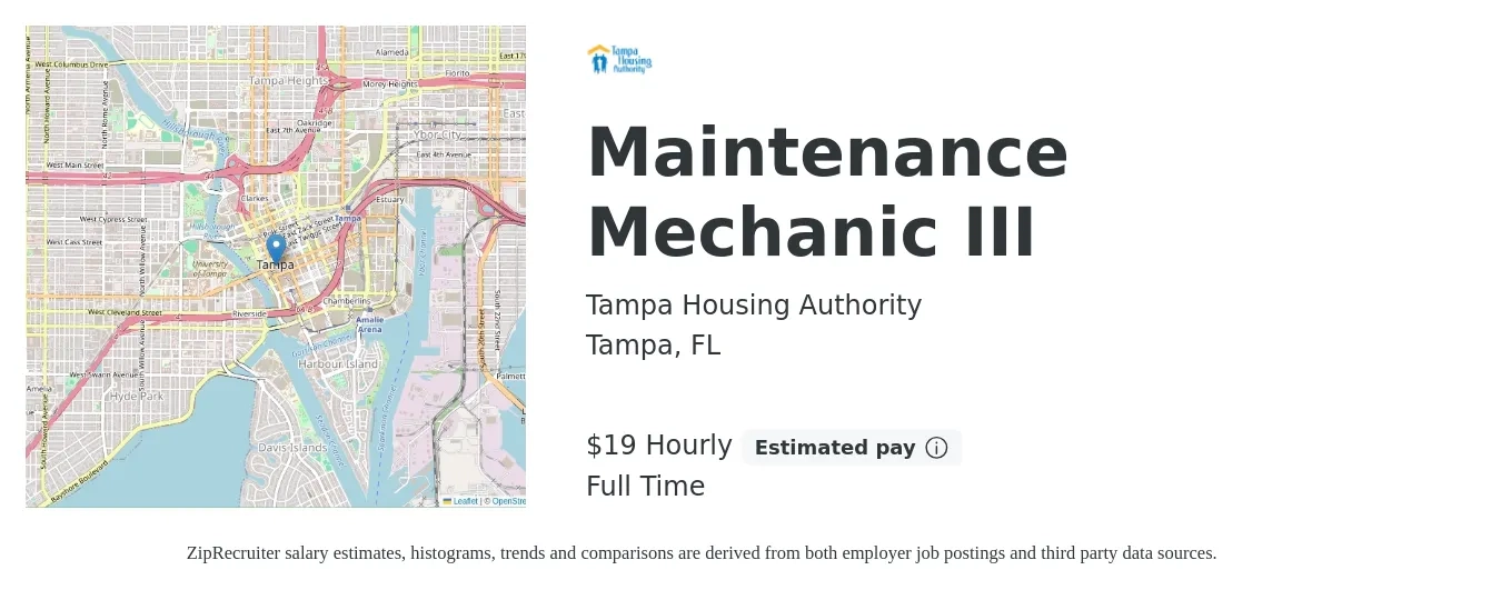 Tampa Housing Authority job posting for a Maintenance Mechanic III in Tampa, FL with a salary of $20 Hourly with a map of Tampa location.
