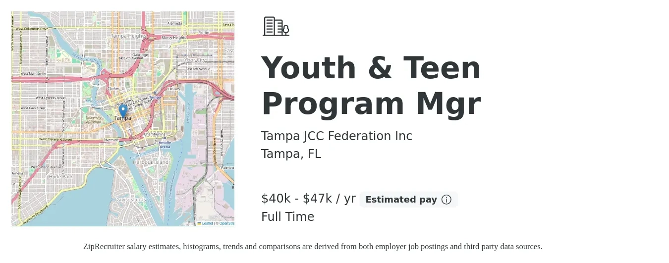 Tampa JCC Federation Inc job posting for a Youth & Teen Program Mgr in Tampa, FL with a salary of $40,000 to $47,000 Yearly with a map of Tampa location.