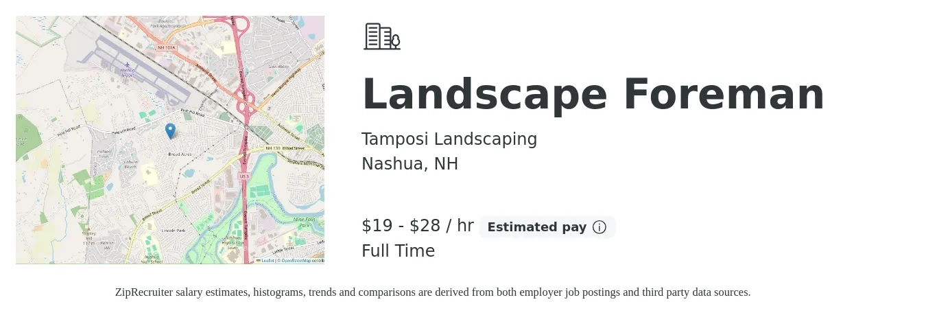 Tamposi Landscaping job posting for a Landscape Foreman in Nashua, NH with a salary of $20 to $30 Hourly with a map of Nashua location.
