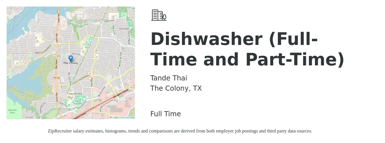 Tande Thai job posting for a Dishwasher (Full-Time and Part-Time) in The Colony, TX with a salary of $12 to $16 Hourly with a map of The Colony location.