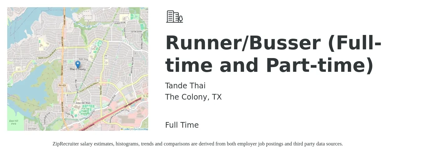 Tande Thai job posting for a Runner/Busser (Full-time and Part-time) in The Colony, TX with a salary of $10 to $14 Hourly with a map of The Colony location.