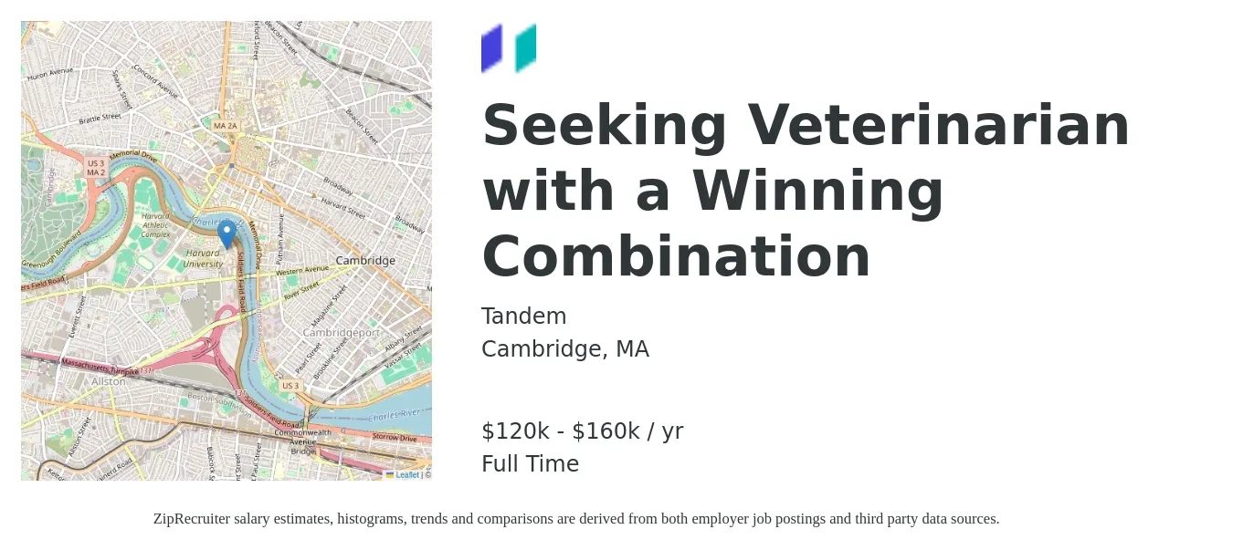 Tandem job posting for a Seeking Veterinarian with a Winning Combination in Cambridge, MA with a salary of $120,000 to $160,000 Yearly with a map of Cambridge location.