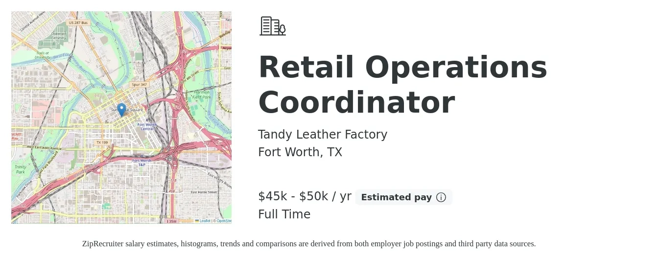 Tandy Leather Factory job posting for a Retail Operations Coordinator in Fort Worth, TX with a salary of $45,000 to $50,000 Yearly with a map of Fort Worth location.