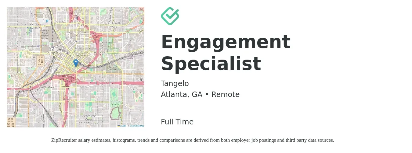 Tangelo job posting for a Engagement Specialist in Atlanta, GA with a salary of $36,100 to $41,400 Yearly with a map of Atlanta location.