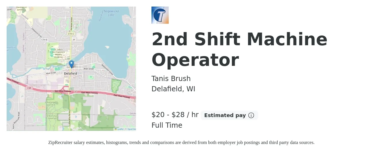 Tanis Brush job posting for a 2nd Shift Machine Operator in Delafield, WI with a salary of $21 to $30 Hourly with a map of Delafield location.
