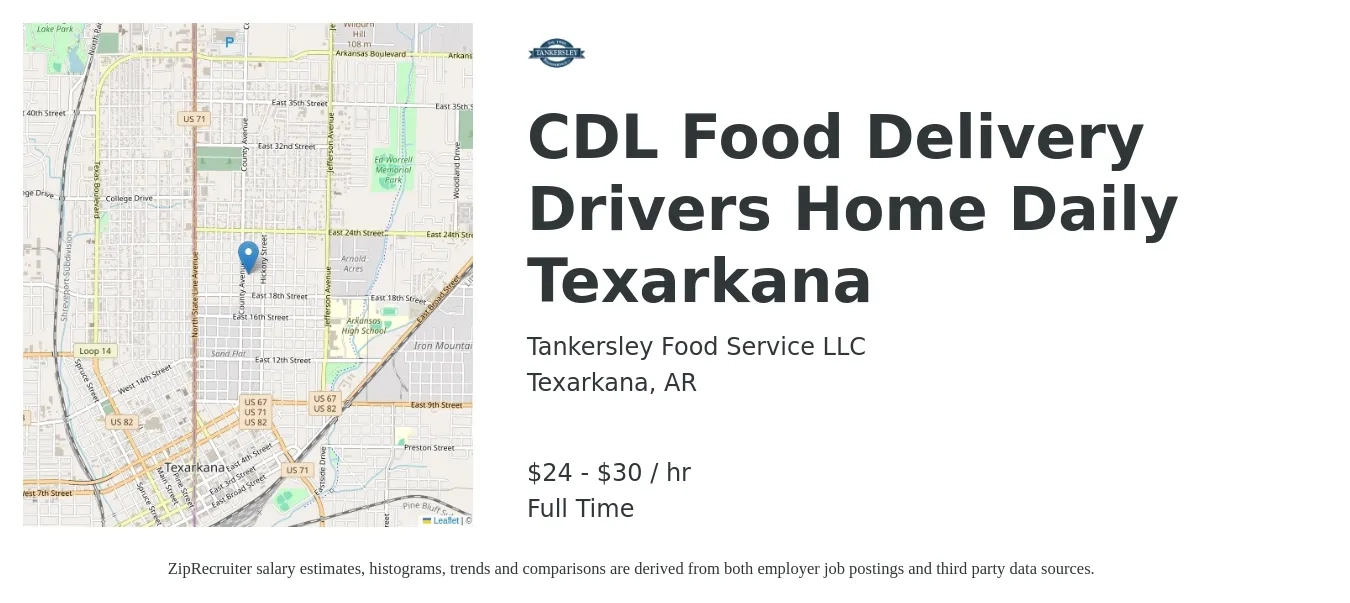 Tankersley Food Service LLC job posting for a CDL Food Delivery Drivers Home Daily Texarkana in Texarkana, AR with a salary of $25 to $31 Hourly with a map of Texarkana location.