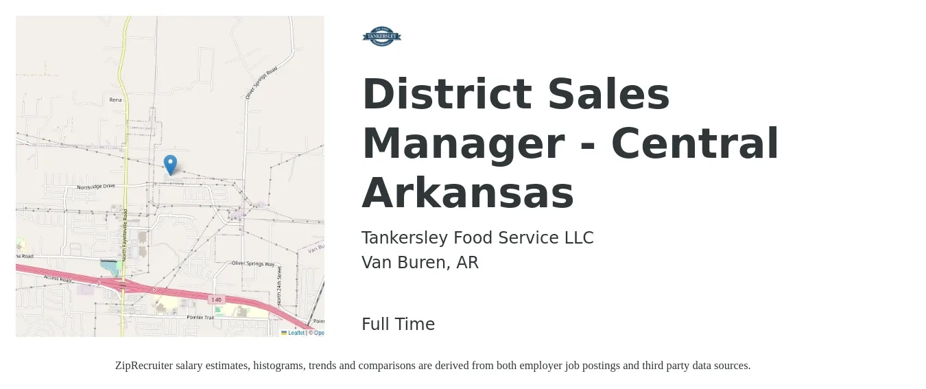 Tankersley Food Service LLC job posting for a District Sales Manager - Central Arkansas in Van Buren, AR with a salary of $61,200 to $93,700 Yearly with a map of Van Buren location.