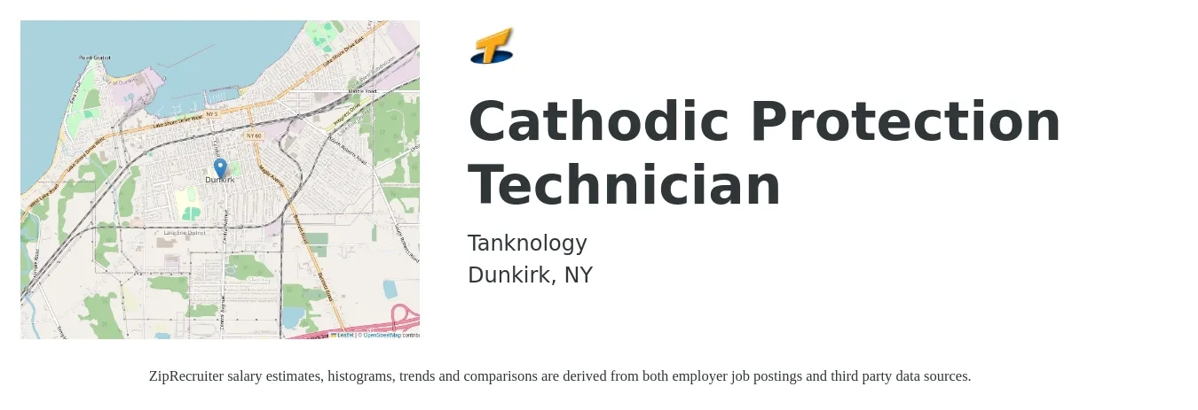 Tanknology job posting for a Cathodic Protection Technician in Dunkirk, NY with a salary of $55,000 to $65,000 Yearly with a map of Dunkirk location.