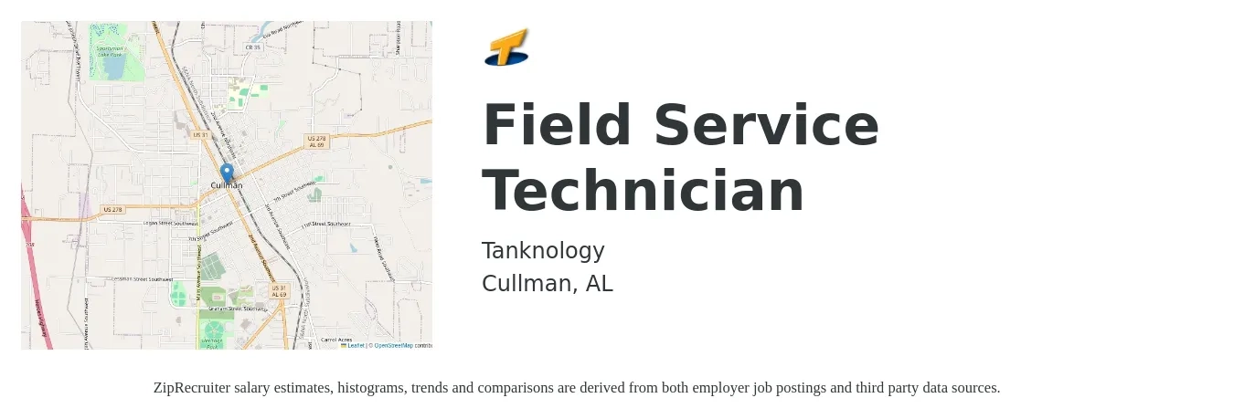 Tanknology job posting for a Field Service Technician in Cullman, AL with a salary of $52,000 to $56,000 Yearly with a map of Cullman location.