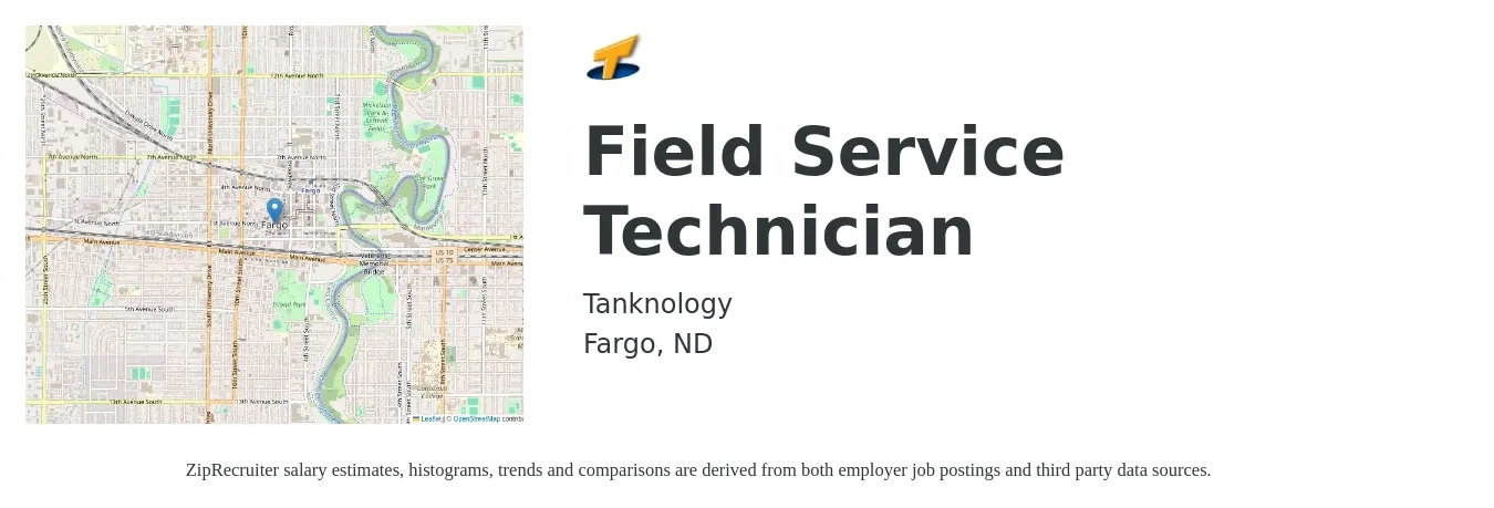 Tanknology job posting for a Field Service Technician in Fargo, ND with a salary of $54,000 to $58,000 Yearly with a map of Fargo location.
