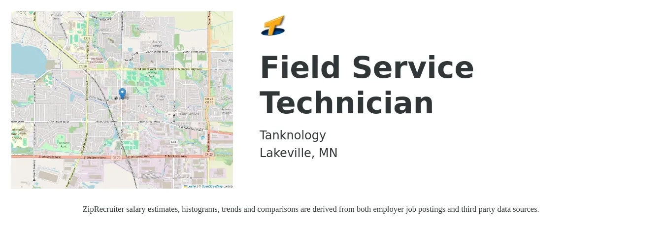 Tanknology job posting for a Field Service Technician in Lakeville, MN with a salary of $54,000 to $58,000 Yearly with a map of Lakeville location.