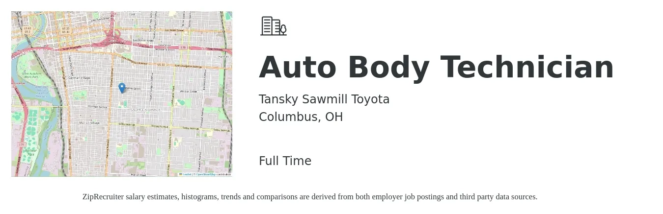 Tansky Sawmill Toyota job posting for a Auto Body Technician in Columbus, OH with a salary of $20 to $32 Hourly with a map of Columbus location.