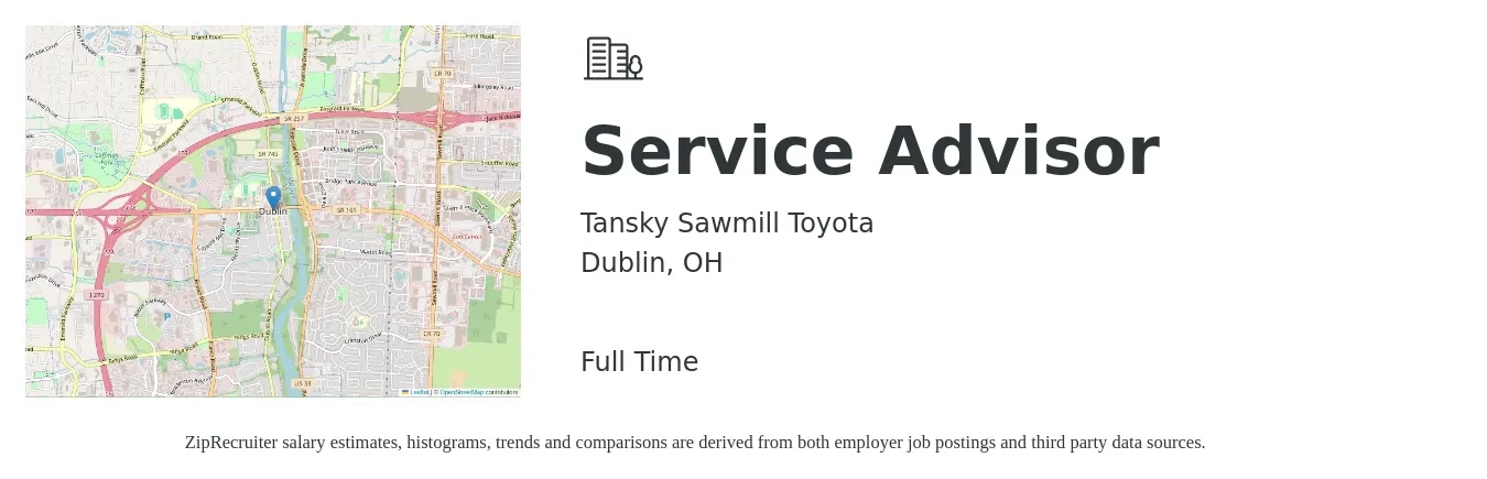 Tansky Sawmill Toyota job posting for a Service Advisor in Dublin, OH with a salary of $18 to $30 Hourly with a map of Dublin location.