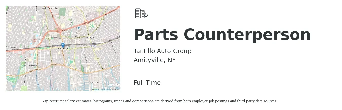 Tantillo Auto Group job posting for a Parts Counterperson in Amityville, NY with a salary of $18 to $25 Hourly with a map of Amityville location.