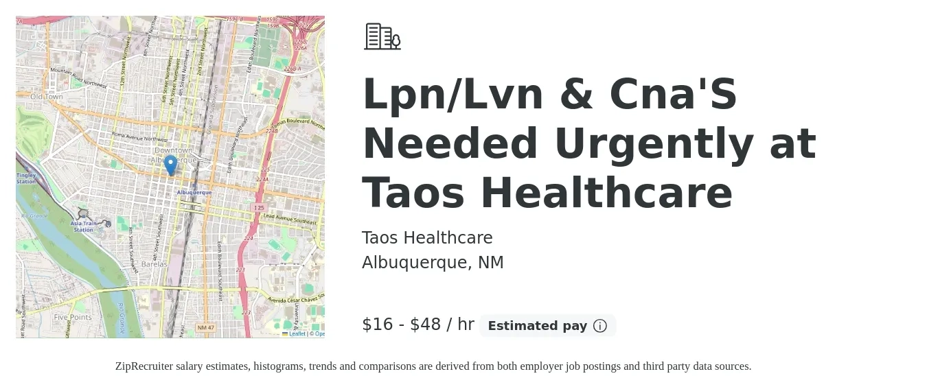 Taos Healthcare job posting for a Lpn/Lvn & Cna'S Needed Urgently at Taos Healthcare in Albuquerque, NM with a salary of $17 to $50 Hourly with a map of Albuquerque location.