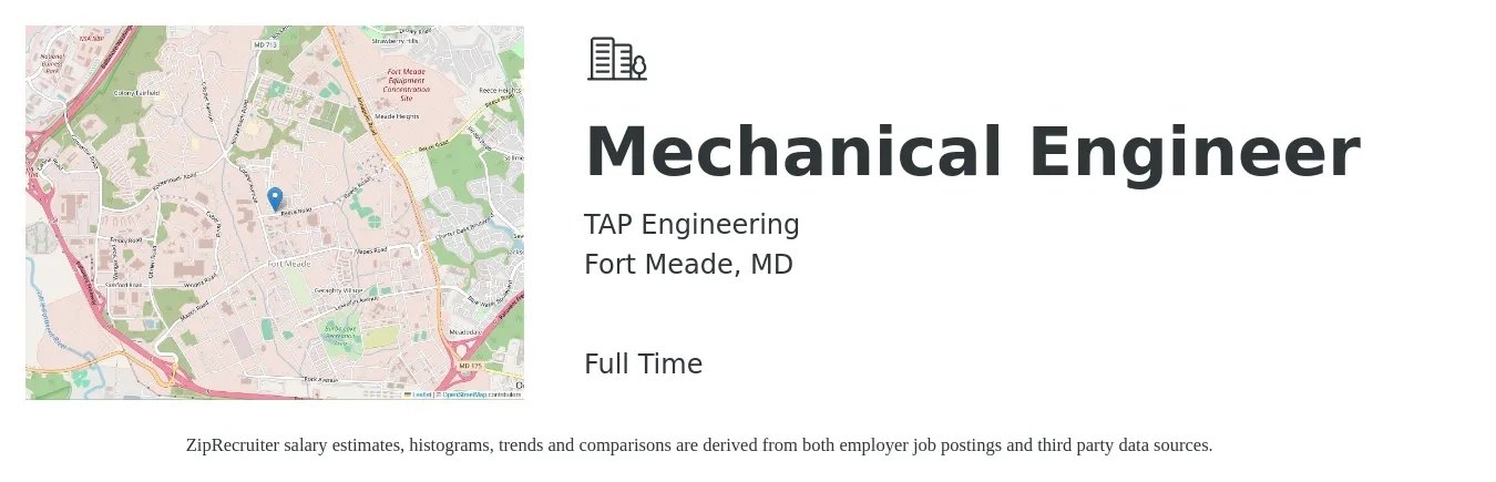 TAP Engineering job posting for a Mechanical Engineer in Fort Meade, MD with a salary of $90,400 to $140,300 Yearly with a map of Fort Meade location.