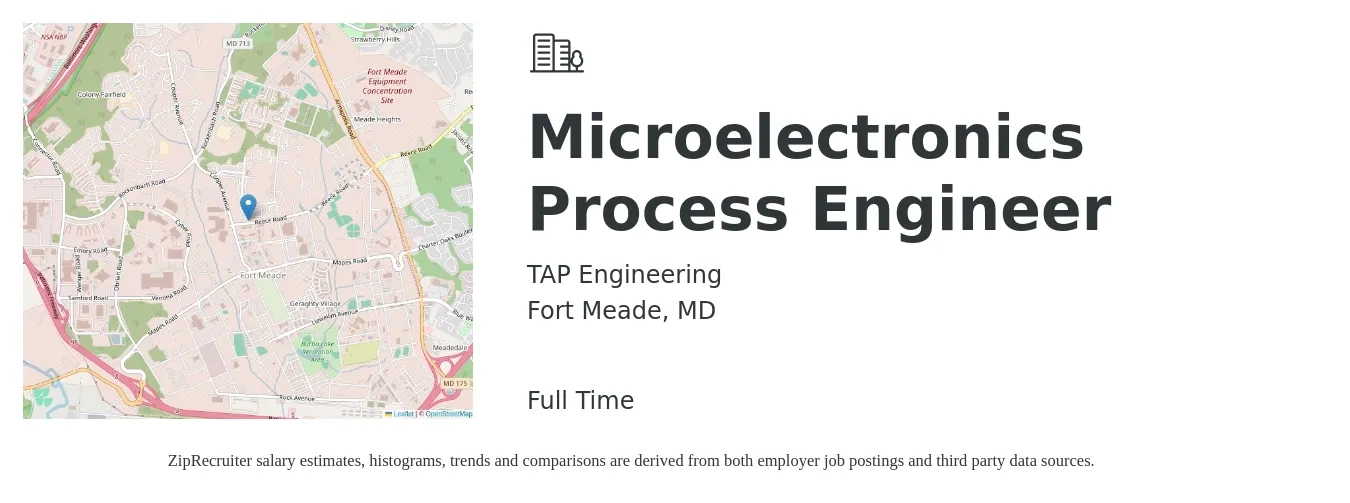 TAP Engineering job posting for a Microelectronics Process Engineer in Fort Meade, MD with a salary of $82,600 to $114,200 Yearly with a map of Fort Meade location.