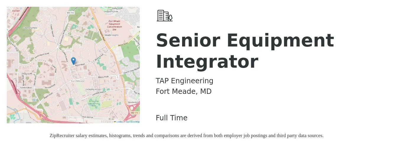 TAP Engineering job posting for a Senior Equipment Integrator in Fort Meade, MD with a salary of $36 to $62 Hourly with a map of Fort Meade location.