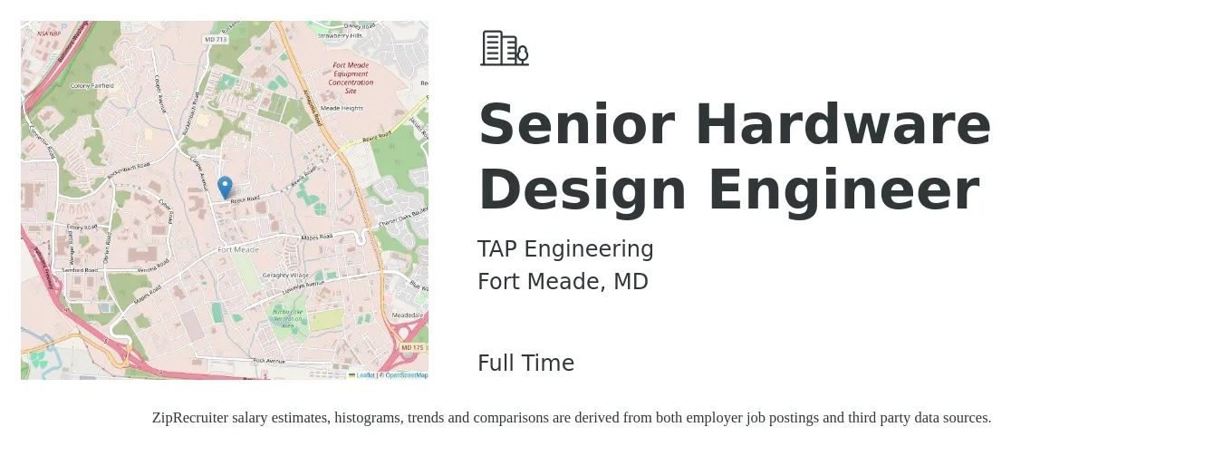 TAP Engineering job posting for a Senior Hardware Design Engineer in Fort Meade, MD with a salary of $133,600 to $169,700 Yearly with a map of Fort Meade location.