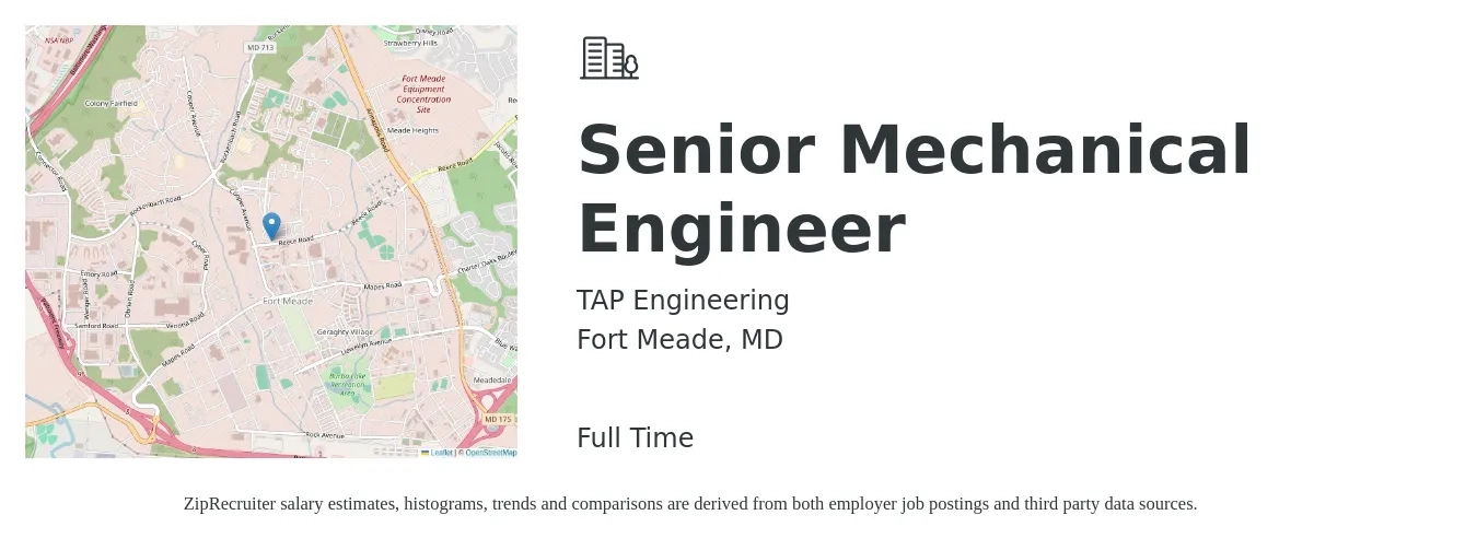 TAP Engineering job posting for a Senior Mechanical Engineer in Fort Meade, MD with a salary of $115,900 to $153,000 Yearly with a map of Fort Meade location.
