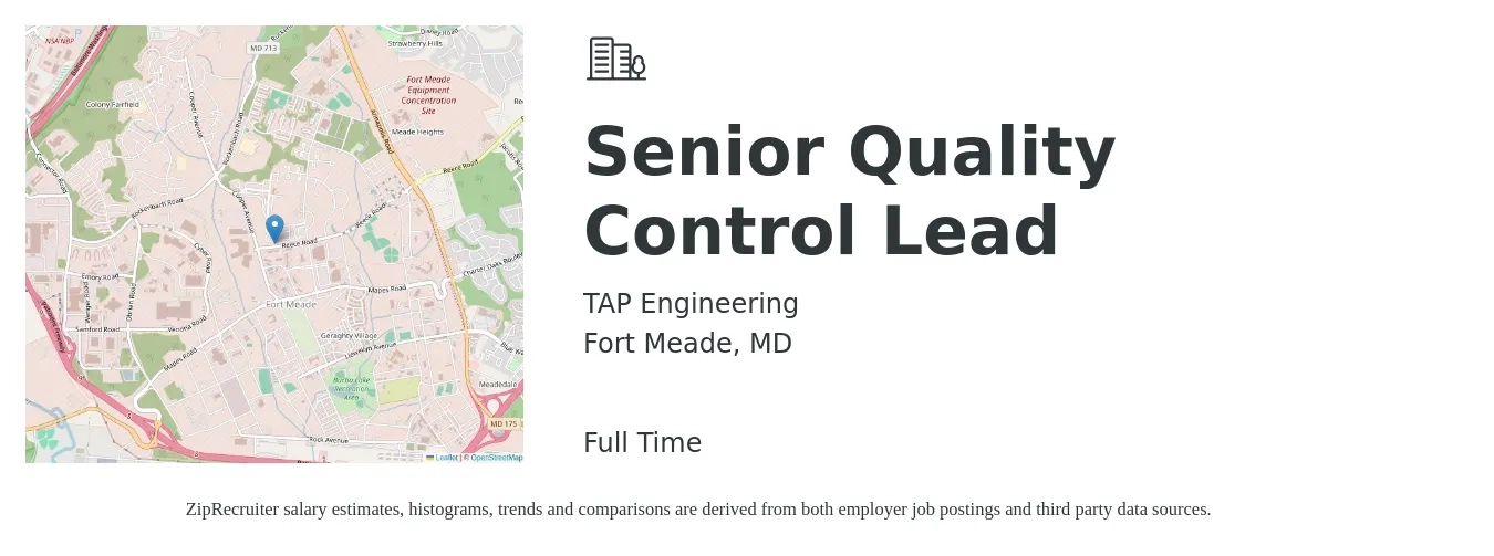 TAP Engineering job posting for a Senior Quality Control Lead in Fort Meade, MD with a salary of $23 to $46 Hourly with a map of Fort Meade location.
